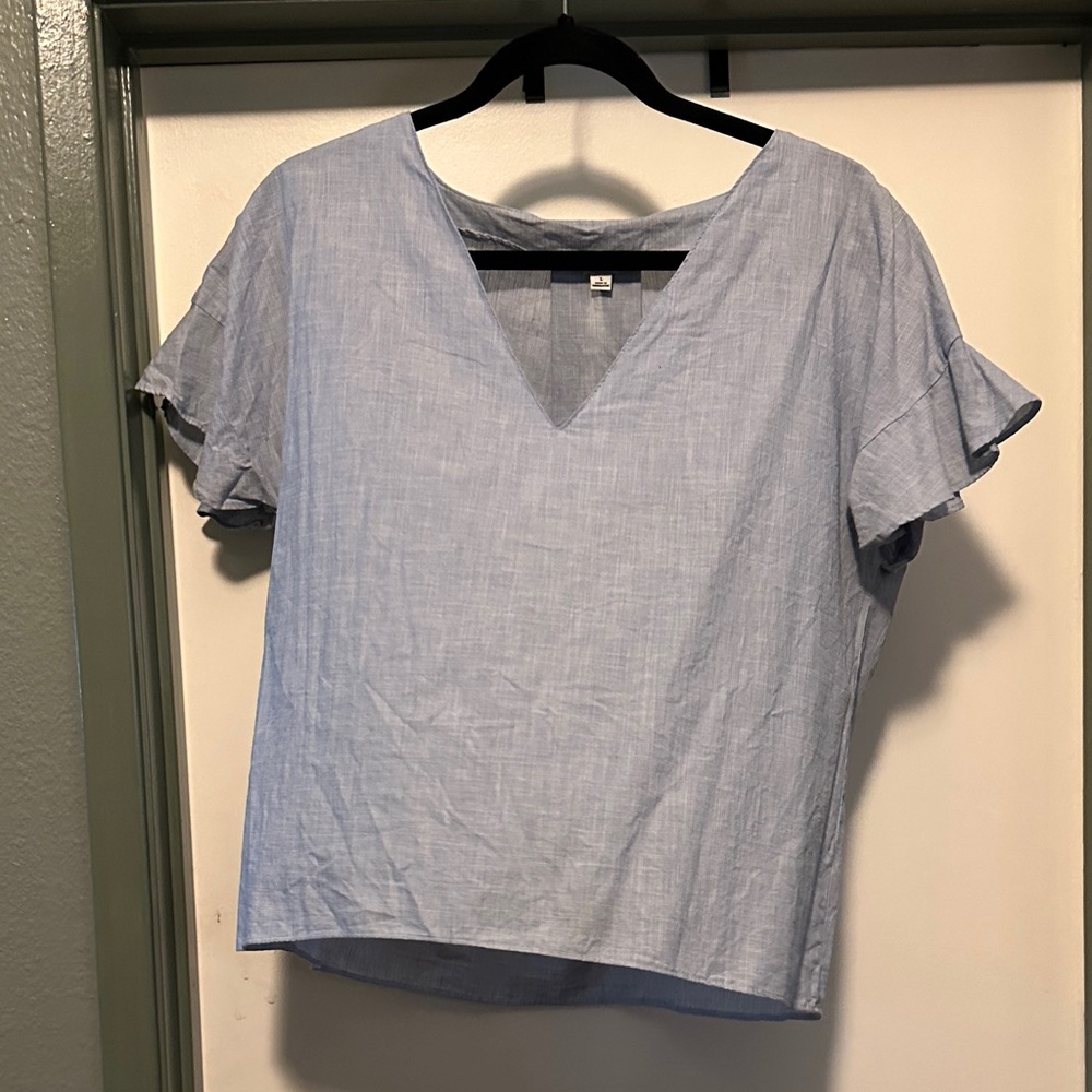 Light Blue V-Neck Ruffle Sleeve Top madewell L